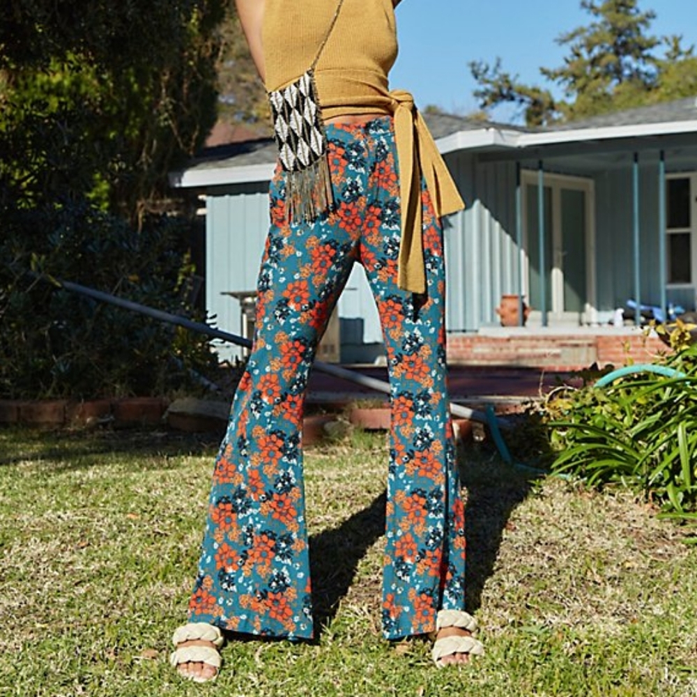 Free People Cant Take My Eyes Off You Flare Pants Hippie Floral Teal Palazzo